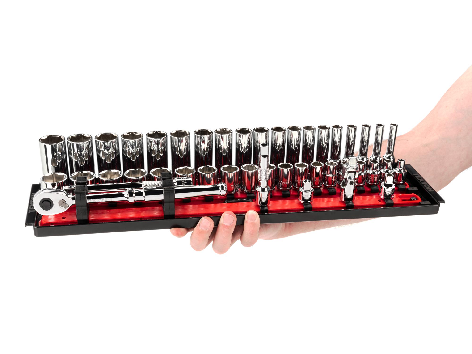 Person holding Tekton rail hand drive 6-point socket set. Item #SKT13301
