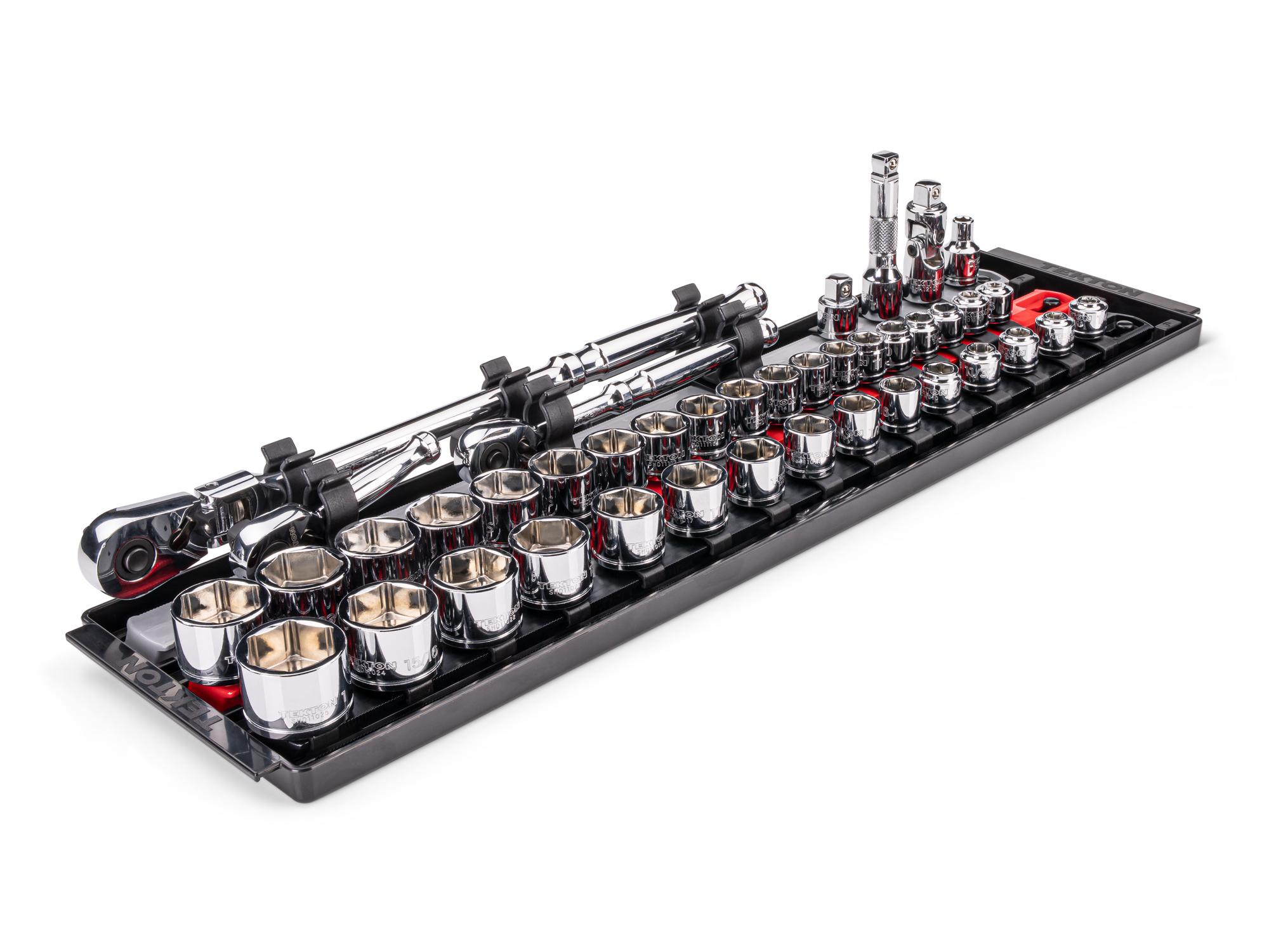 TEKTON 3/8 Inch Drive Extra-Shallow 6-Point Socket and Ratchet Set with Rails and Tray, 41-Piece (1/4 - 1 in., 6 - 24 mm)