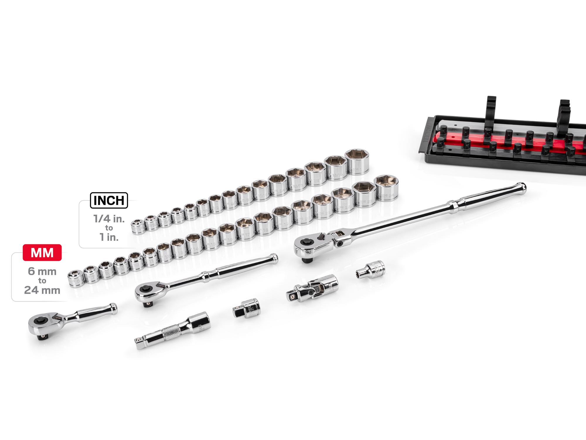 Laid out contents of Tekton rail hand drive 6-point socket set. Item #SKT13303