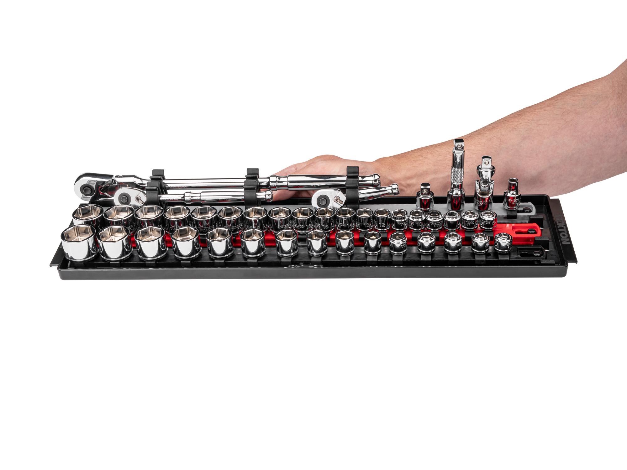 Person holding Tekton rail hand drive 6-point socket set. Item #SKT13303
