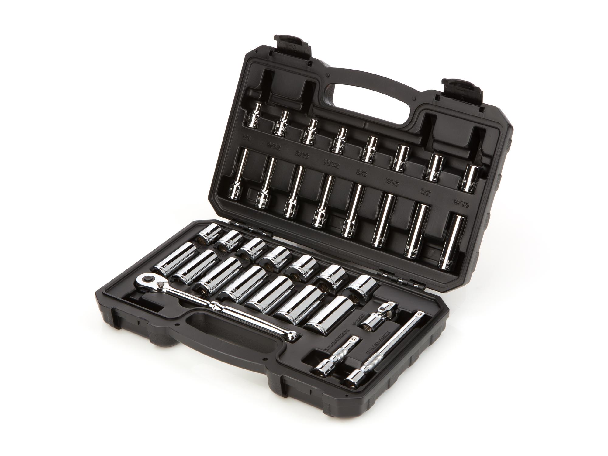 Front-right angle view of Tekton case hand drive 6-point socket set. Item #SKT15101