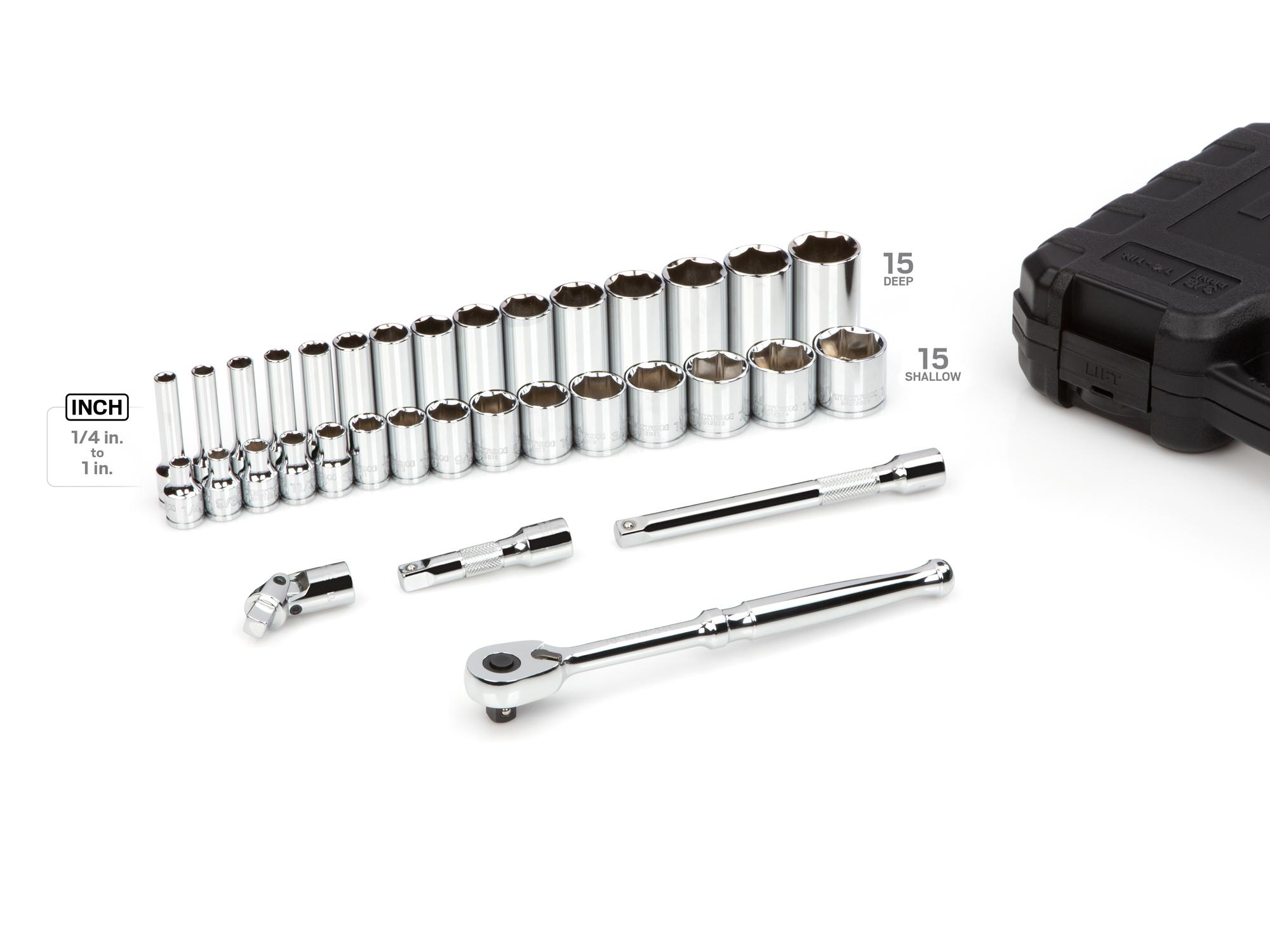 Laid out contents of Tekton case hand drive 6-point socket set. Item #SKT15101
