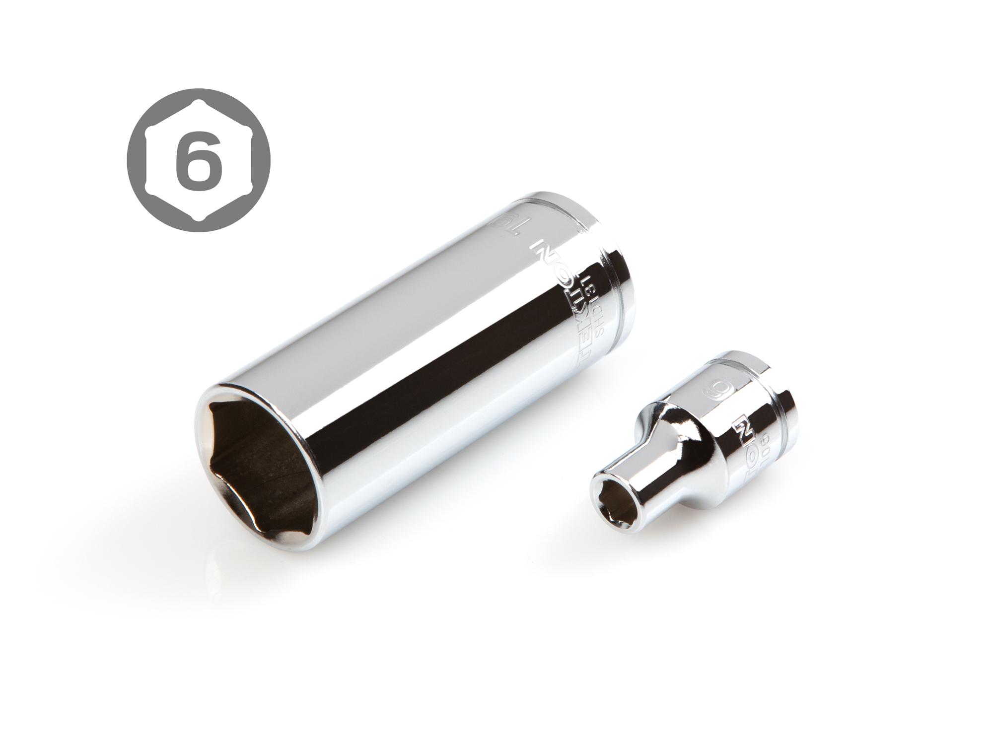 Laid out contents of Tekton case hand drive 6-point socket set. Item #SKT15101