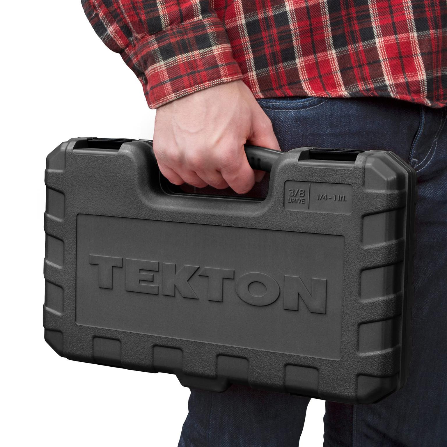Person holding Tekton case hand drive 6-point socket set. Item #SKT15101