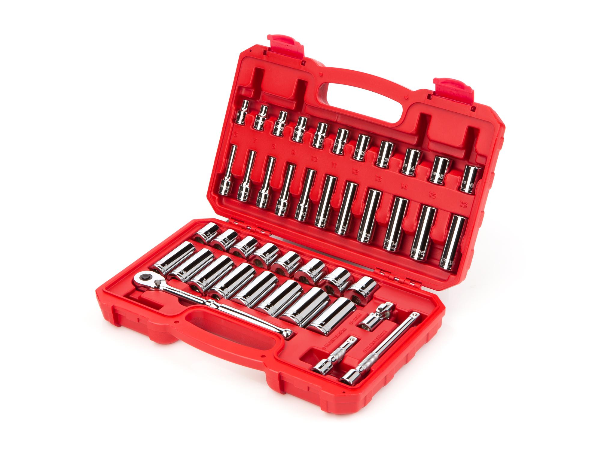 Front-right angle view of Tekton case hand drive 6-point socket set. Item #SKT15201