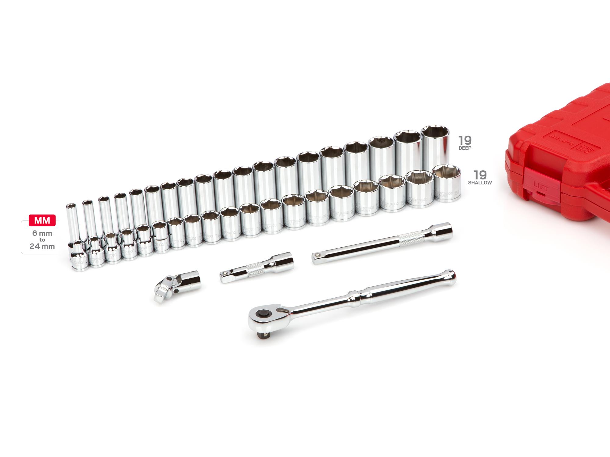 Laid out contents of Tekton case hand drive 6-point socket set. Item #SKT15201