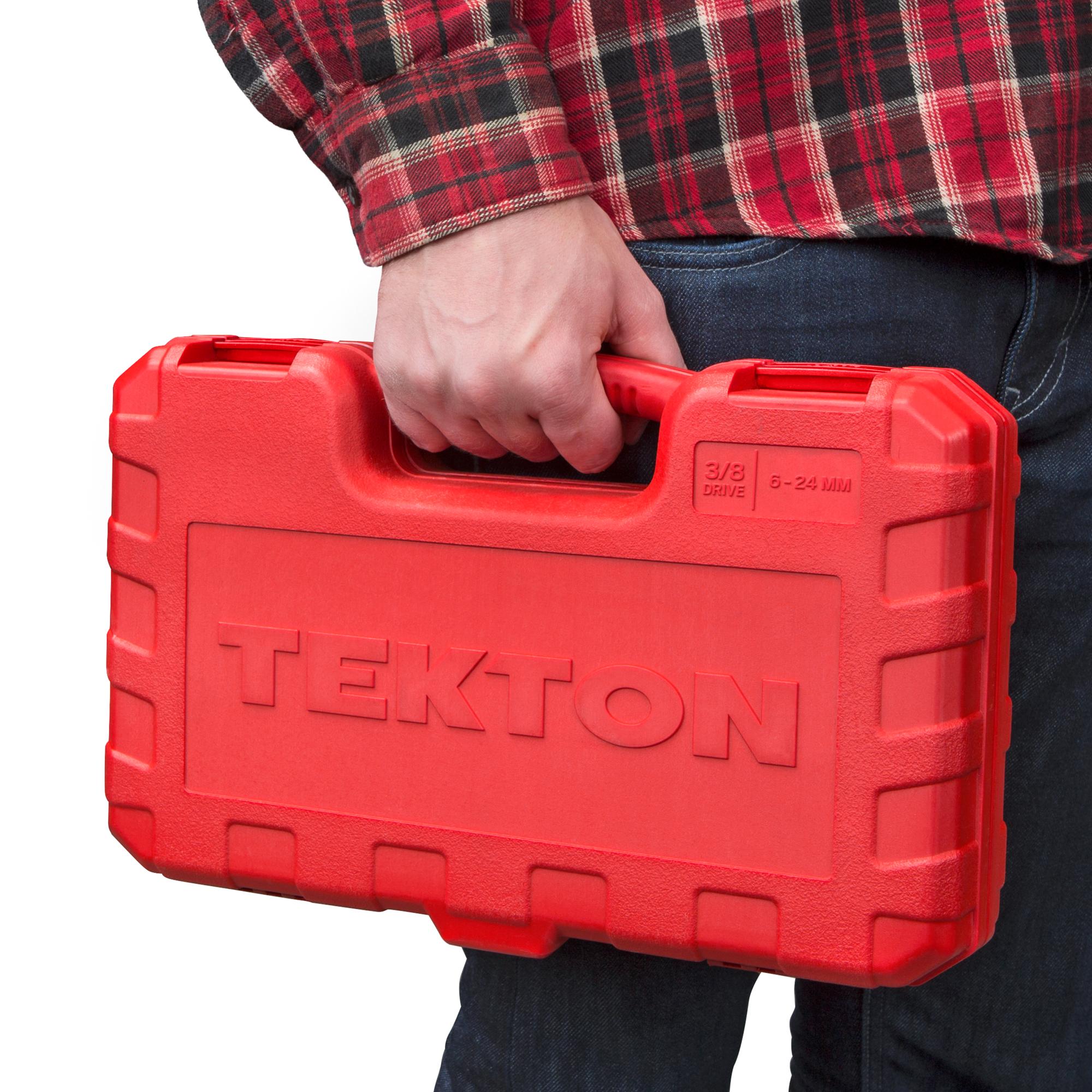 Person holding Tekton case hand drive 6-point socket set. Item #SKT15201