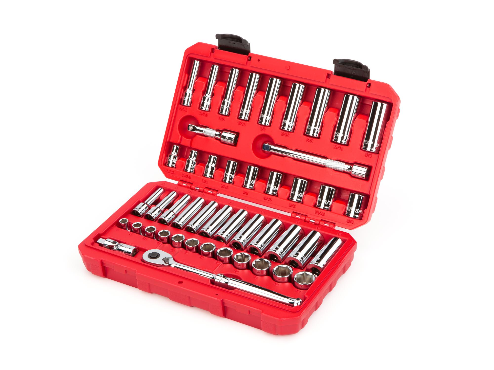 Front-right angle view of Tekton case hand drive 6-point socket set. Item #SKT15301
