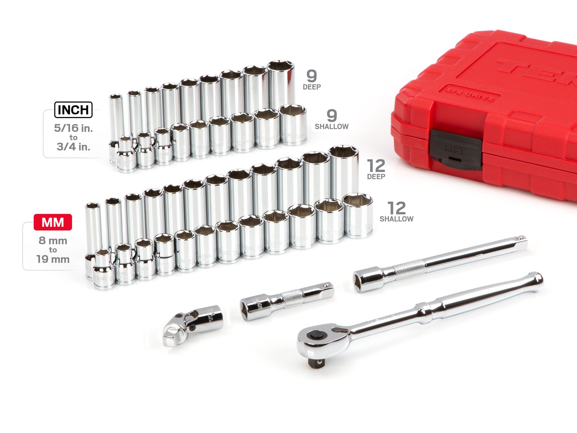 Laid out contents of Tekton case hand drive 6-point socket set. Item #SKT15301