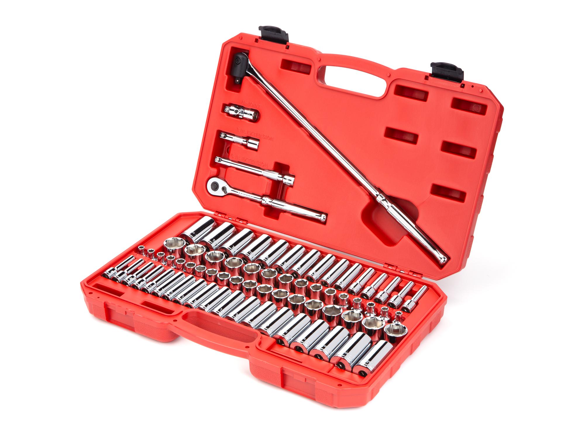 Front-right angle view of Tekton case hand drive 6-point socket set. Item #SKT15311