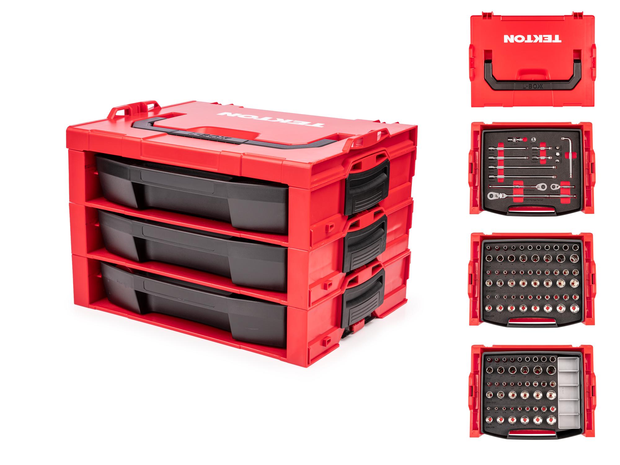 3/8 Inch Drive Shallow, Semi-Deep, and Deep 6-Point Socket and Ratchet Set in Modular Stacking Tool Box (117-Piece)