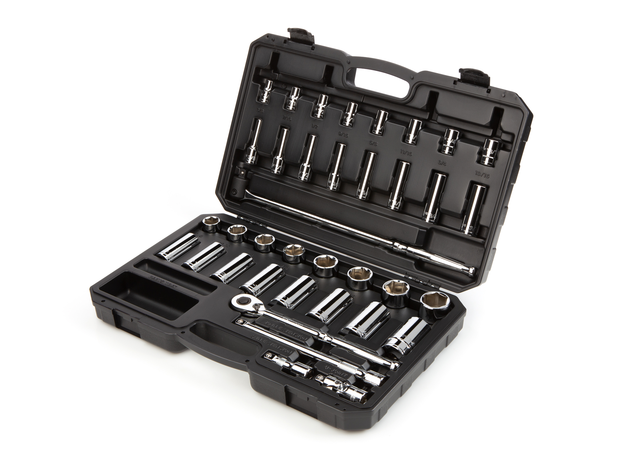 Set includes 3/8–1-5/16 inch (SAE) 6-point standard and deep length sockets, 90-tooth ratchet, breaker bar, and accessories. No skipped sizes. SKT25101.