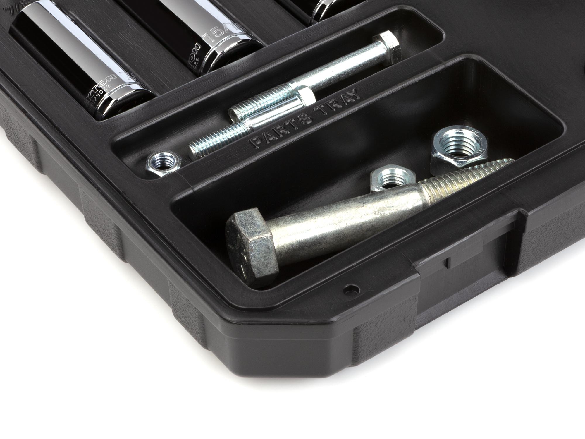 Closeup view of Tekton case hand drive 6-point socket set. Item #SKT25101