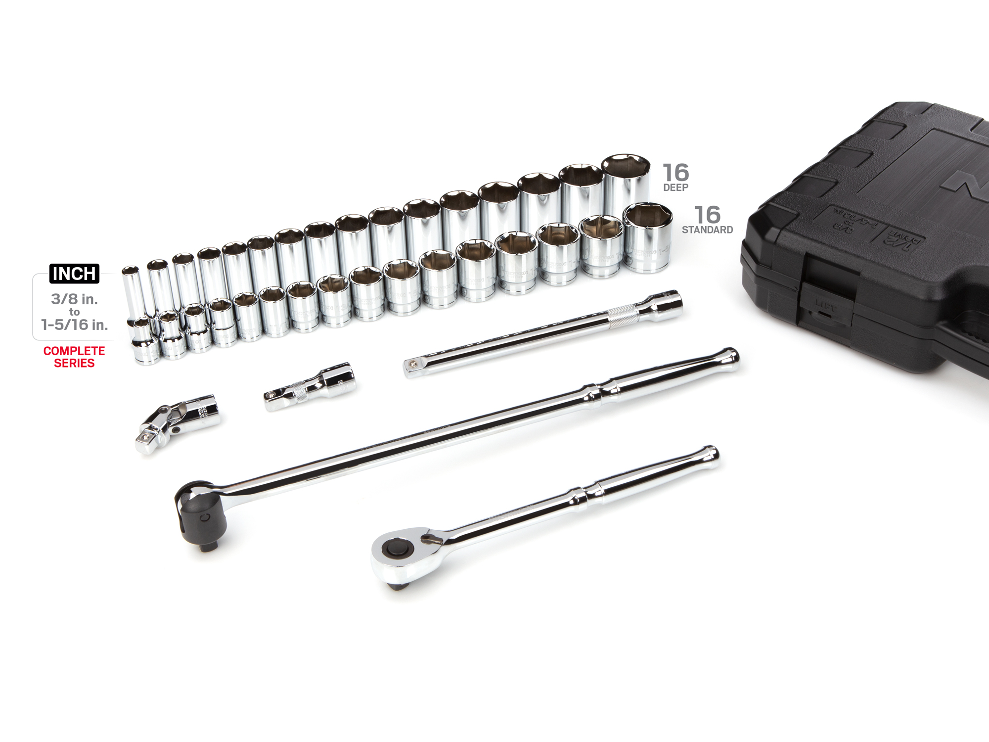 Set includes 3/8–1-5/16 inch (SAE) 6-point standard and deep length sockets, 90-tooth ratchet, breaker bar, and accessories. No skipped sizes. SKT25101.