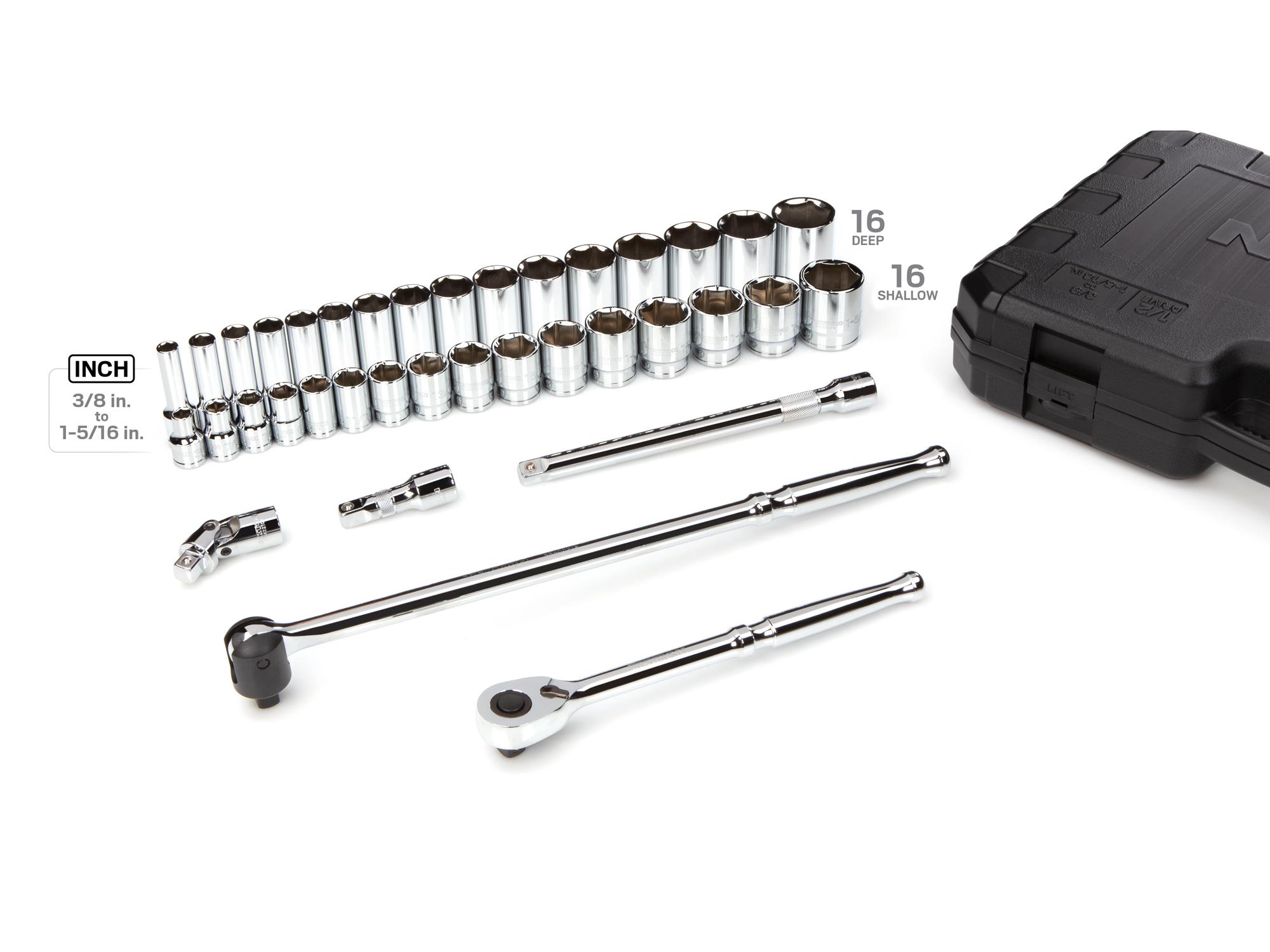 Laid out contents of Tekton case hand drive 6-point socket set. Item #SKT25101