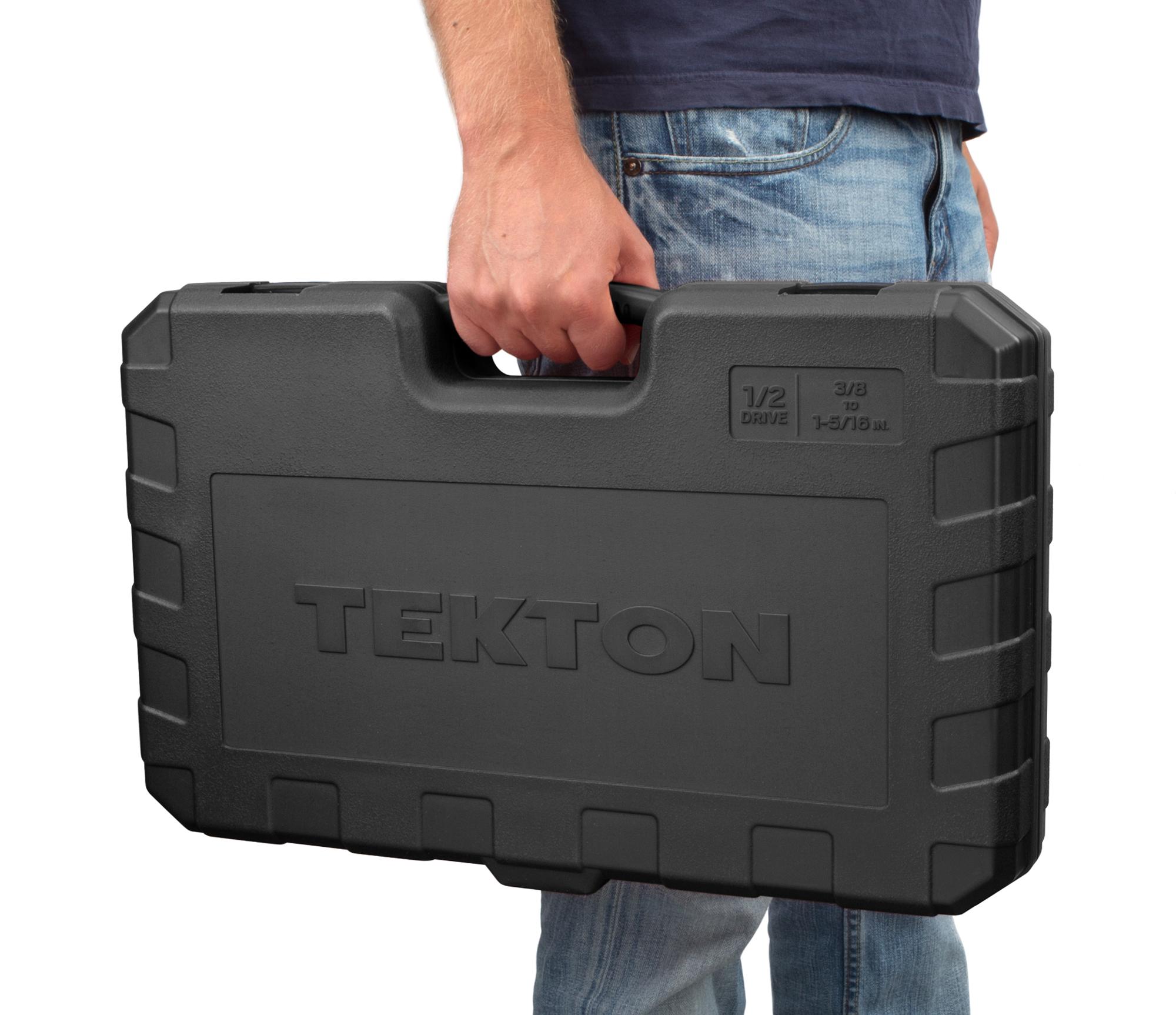 Person holding Tekton case hand drive 6-point socket set. Item #SKT25101