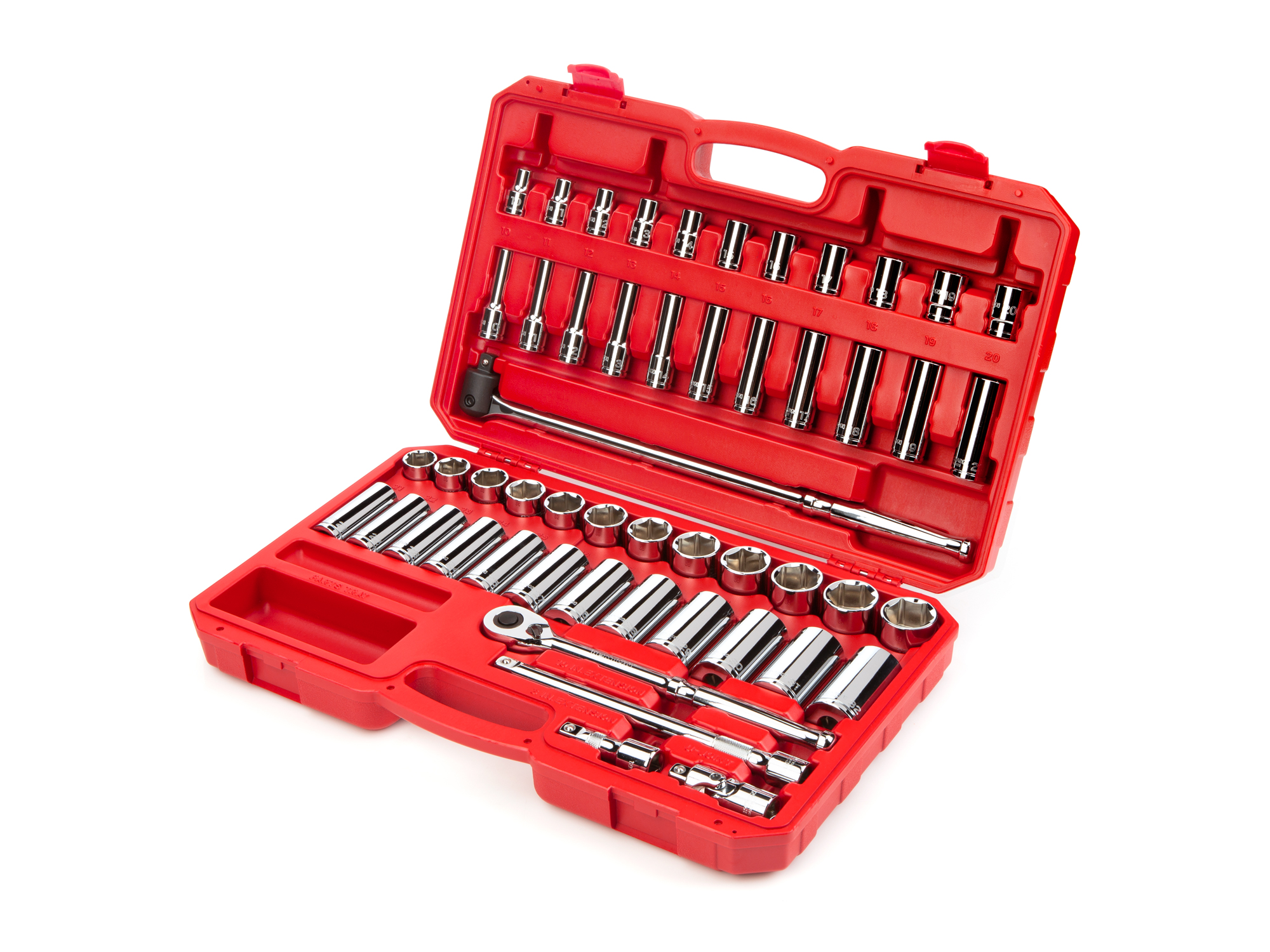 Set includes 10–32 mm (metric) 6-point standard and deep length sockets, 90-tooth ratchet, breaker bar, and accessories. No skipped sizes. SKT25201.