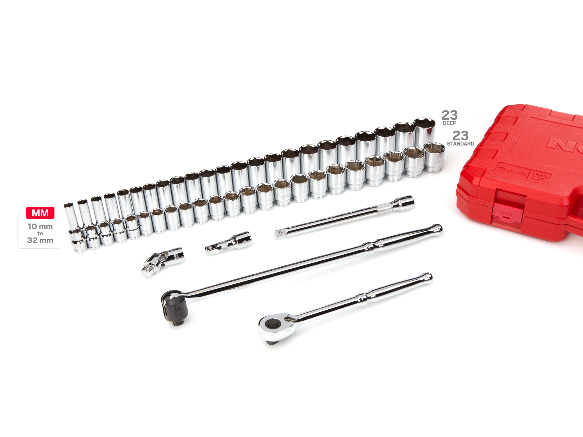 Set includes 10–32 mm (metric) 6-point standard and deep length sockets, 90-tooth ratchet, breaker bar, and accessories. No skipped sizes. SKT25201.