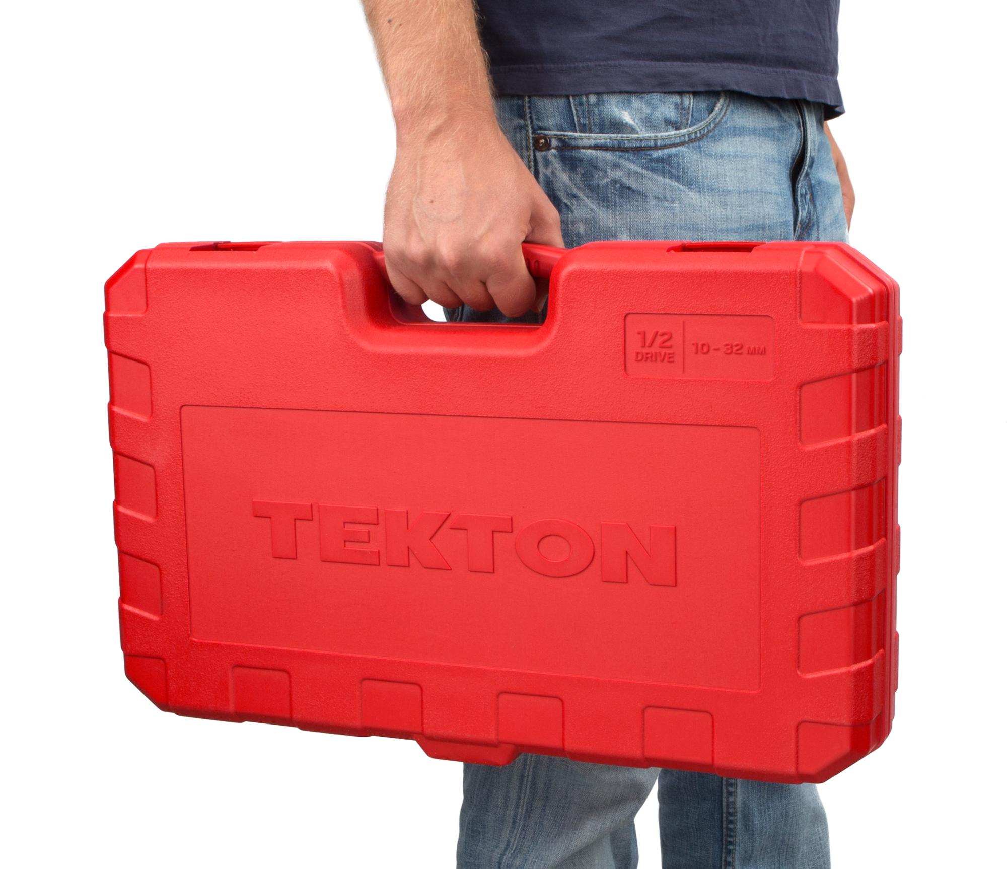Person holding Tekton case hand drive 6-point socket set. Item #SKT25201