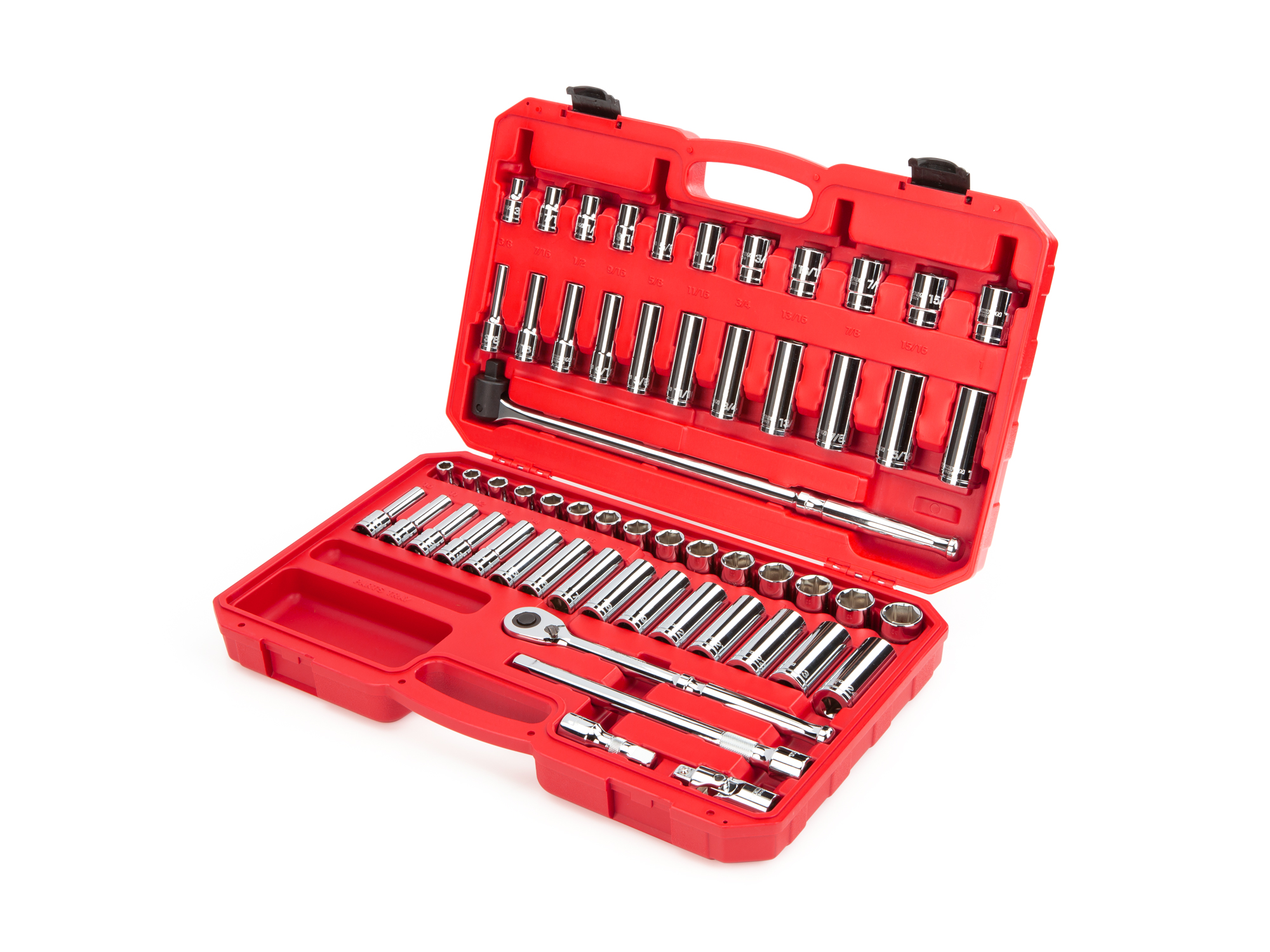 Set includes 3/8–1 inch (SAE), 10–24 mm (metric) 6-point standard and deep length sockets, 90-tooth ratchet, breaker bar, and accessories. No skipped sizes. SKT25301.