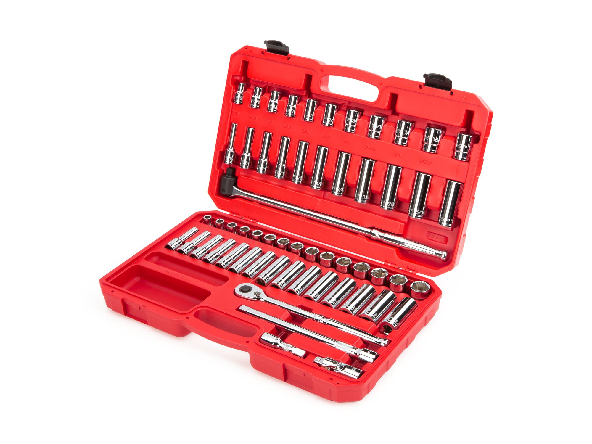 Front-right angle view of Tekton case hand drive 6-point socket set. Item #SKT25301