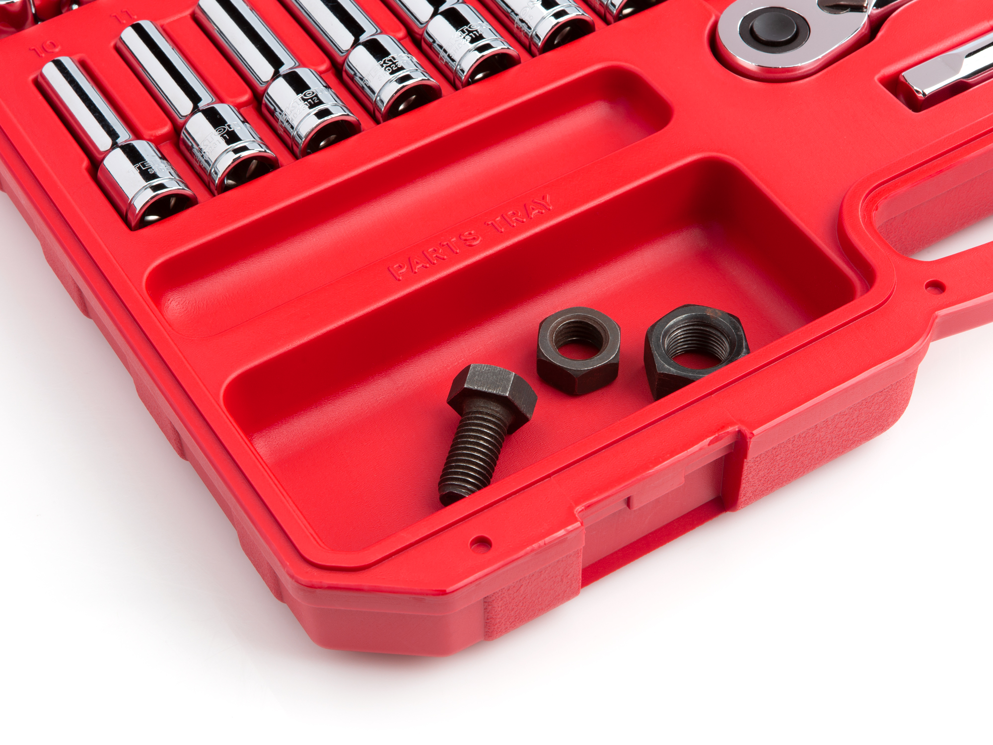 Set includes 3/8–1 inch (SAE), 10–24 mm (metric) 6-point standard and deep length sockets, 90-tooth ratchet, breaker bar, and accessories. No skipped sizes. SKT25301.