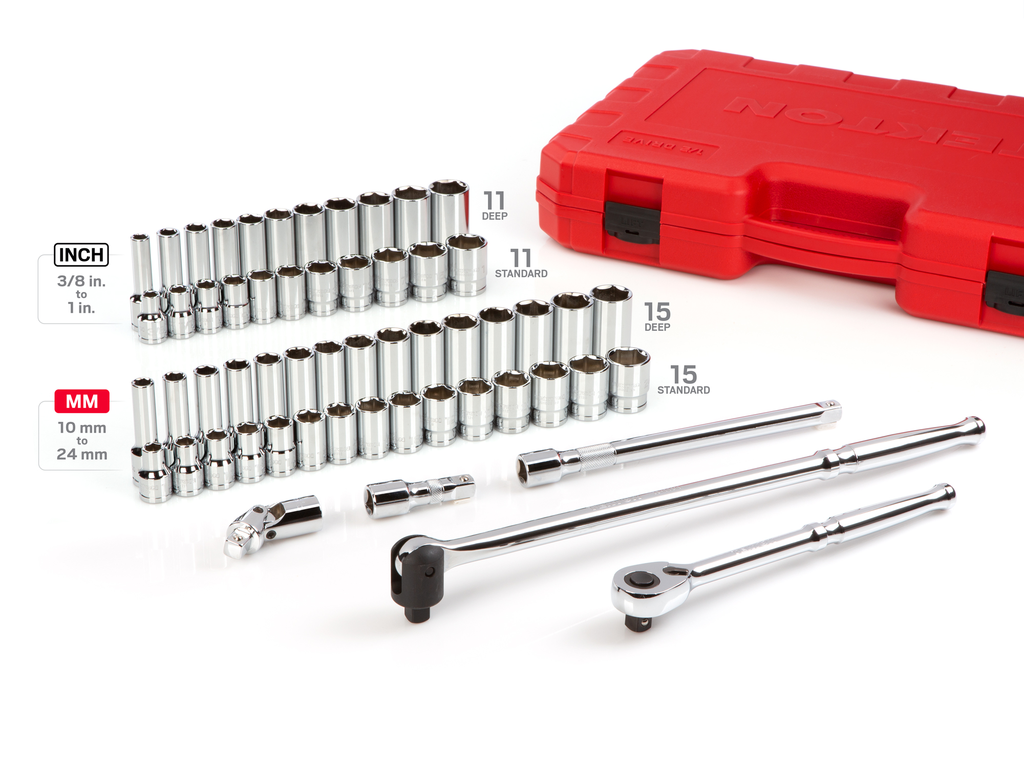 Set includes 3/8–1 inch (SAE), 10–24 mm (metric) 6-point standard and deep length sockets, 90-tooth ratchet, breaker bar, and accessories. No skipped sizes. SKT25301.