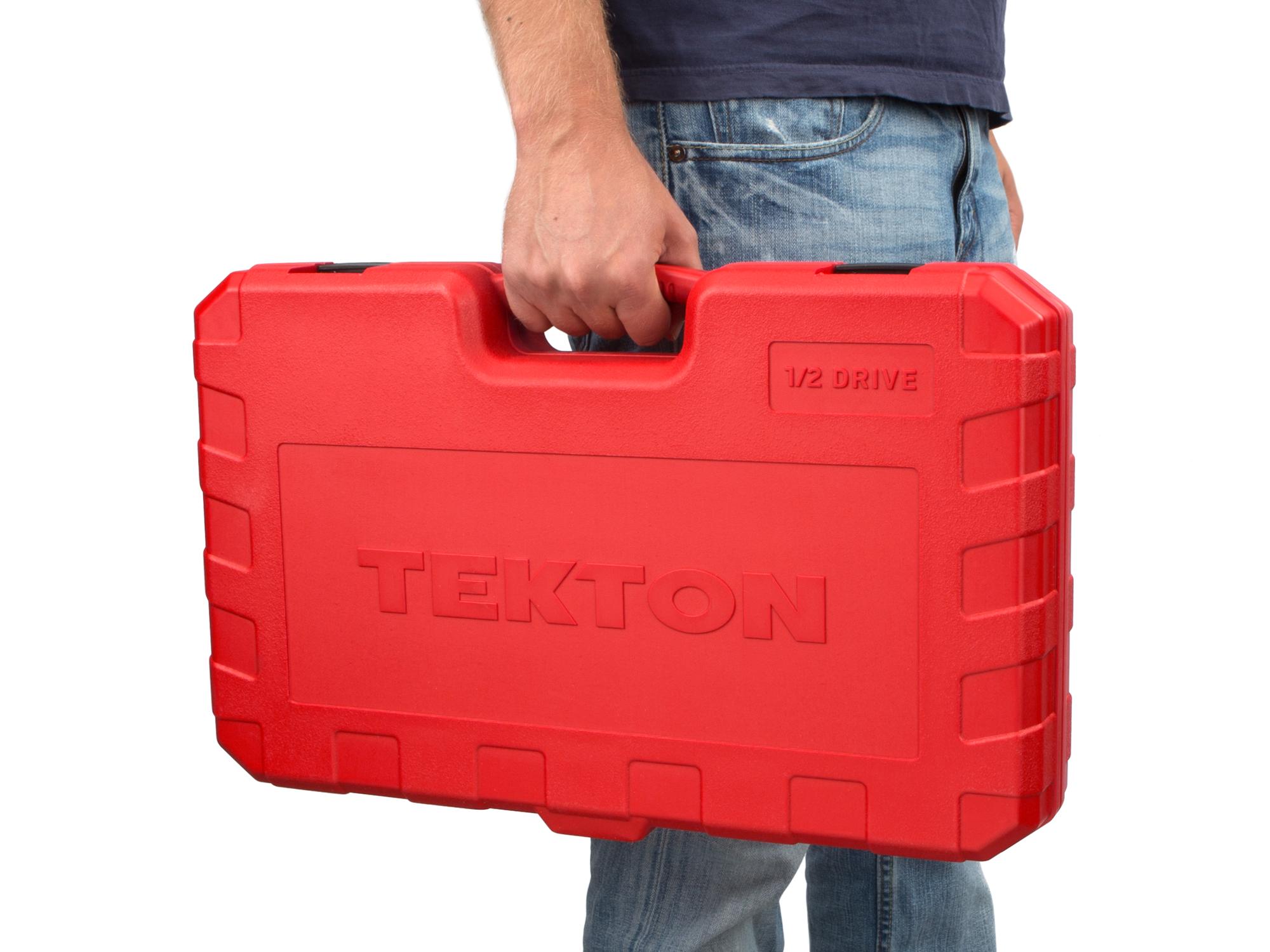 Person holding Tekton case hand drive 6-point socket set. Item #SKT25301