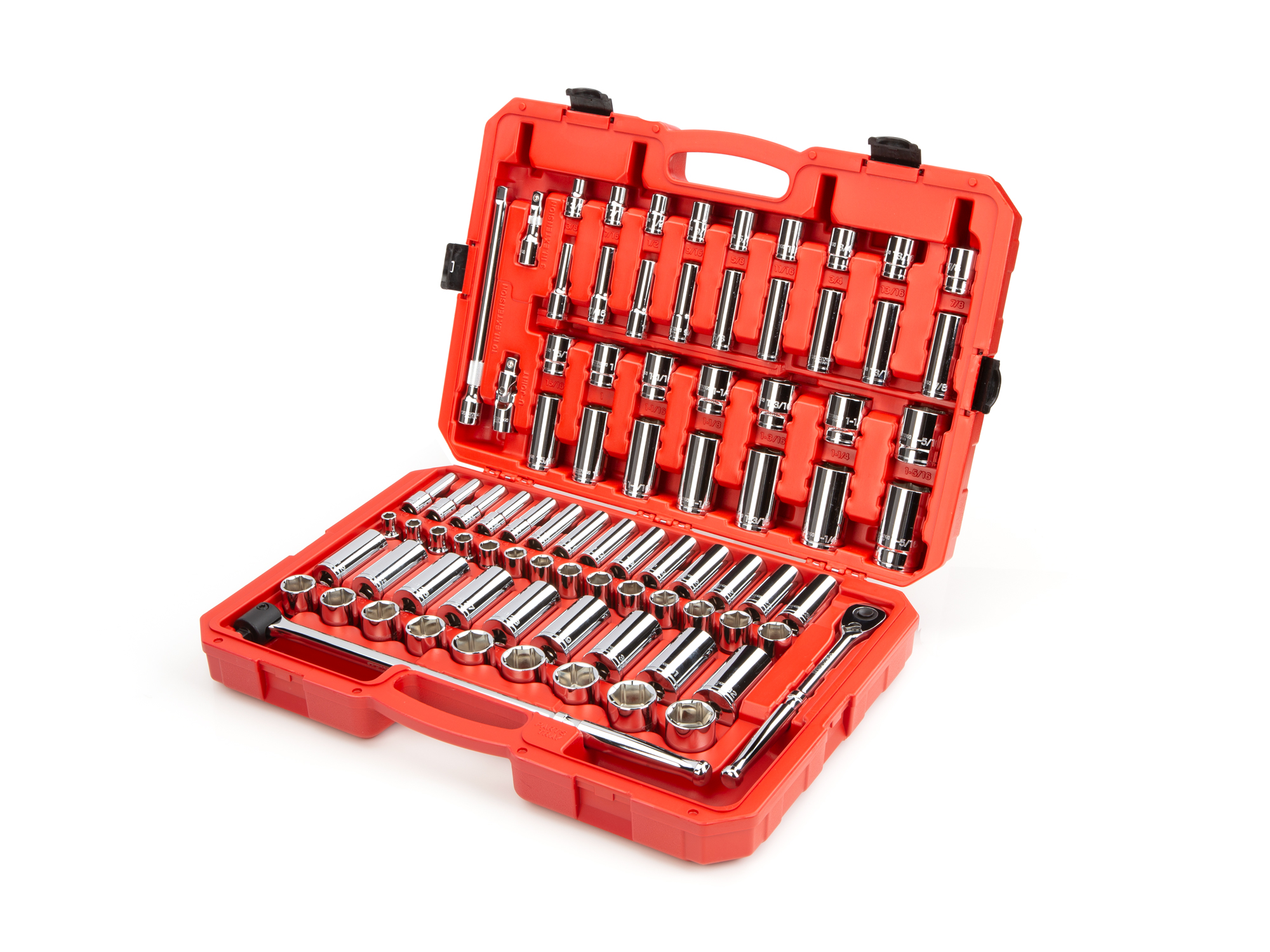 Set includes 3/8–1-5/16 inch (SAE), 10–32 mm (metric) 6-point standard and deep length sockets, 90-tooth ratchet, breaker bar, and accessories. No skipped sizes. SKT25302.