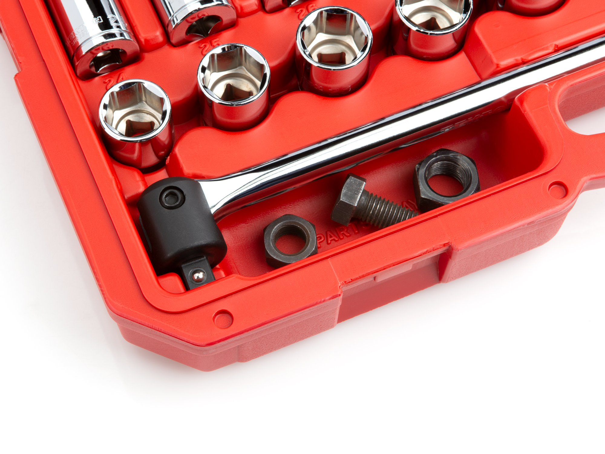 Set includes 3/8–1-5/16 inch (SAE), 10–32 mm (metric) 6-point standard and deep length sockets, 90-tooth ratchet, breaker bar, and accessories. No skipped sizes. SKT25302.