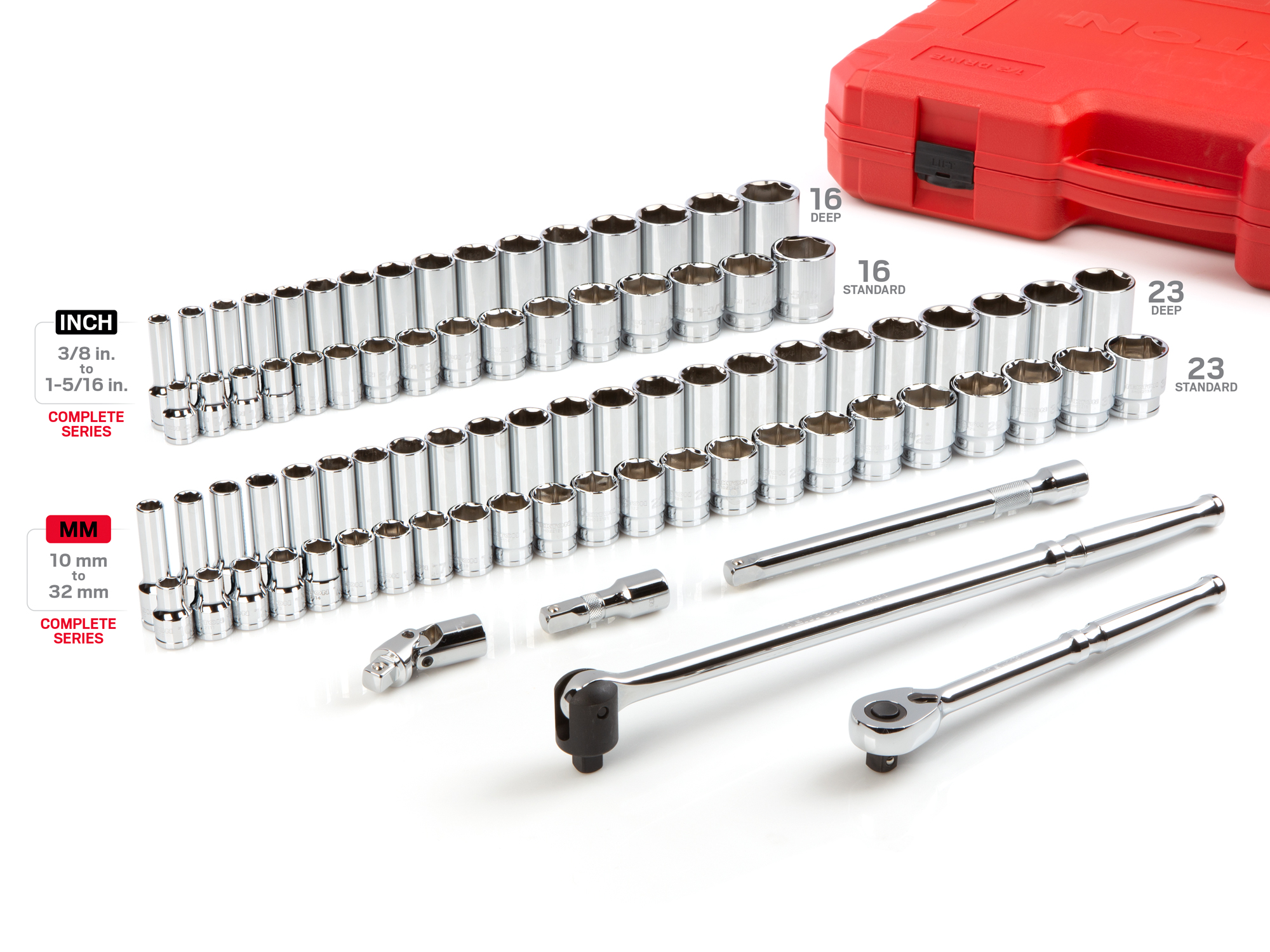 Set includes 3/8–1-5/16 inch (SAE), 10–32 mm (metric) 6-point standard and deep length sockets, 90-tooth ratchet, breaker bar, and accessories. No skipped sizes. SKT25302.