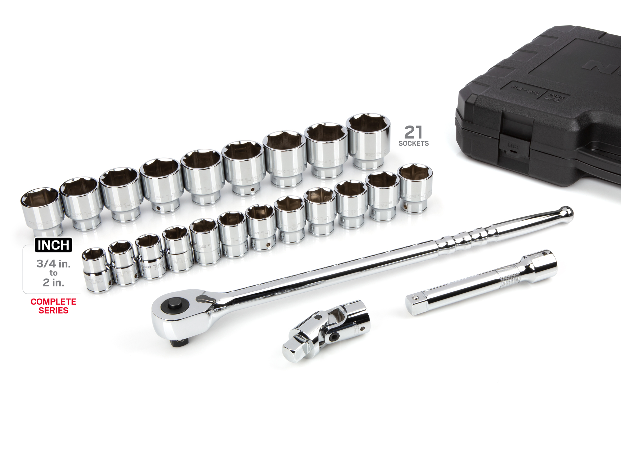 Includes: 3/4-2 inch (SAE) 6-point chrome sockets with large stamped markings for visibility, 72-tooth ratchet, extension, universal joint, and storage case. No skipped sizes. SKT35104.