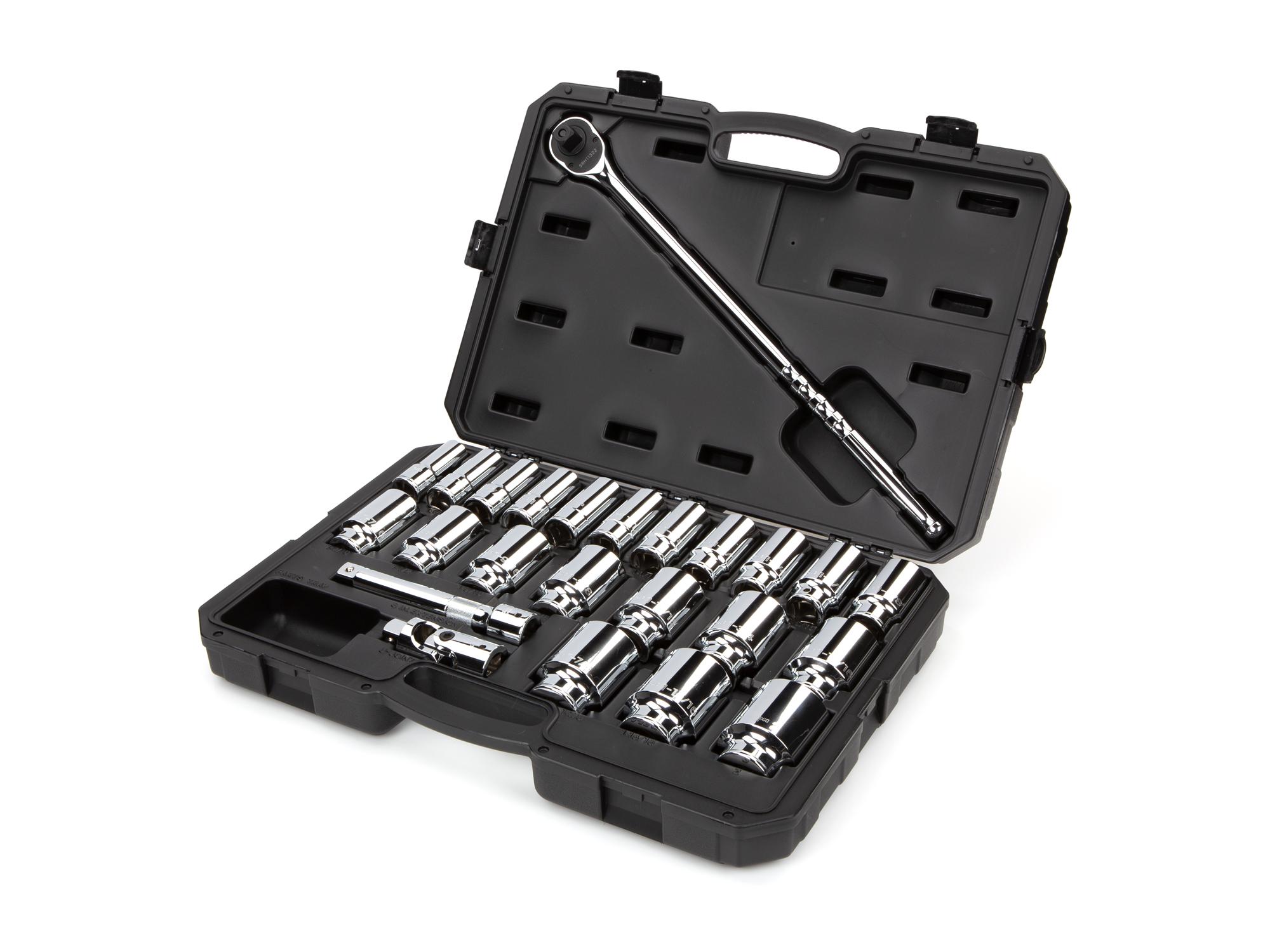 Front-right angle view of Tekton case hand drive 6-point socket set. Item #SKT35106