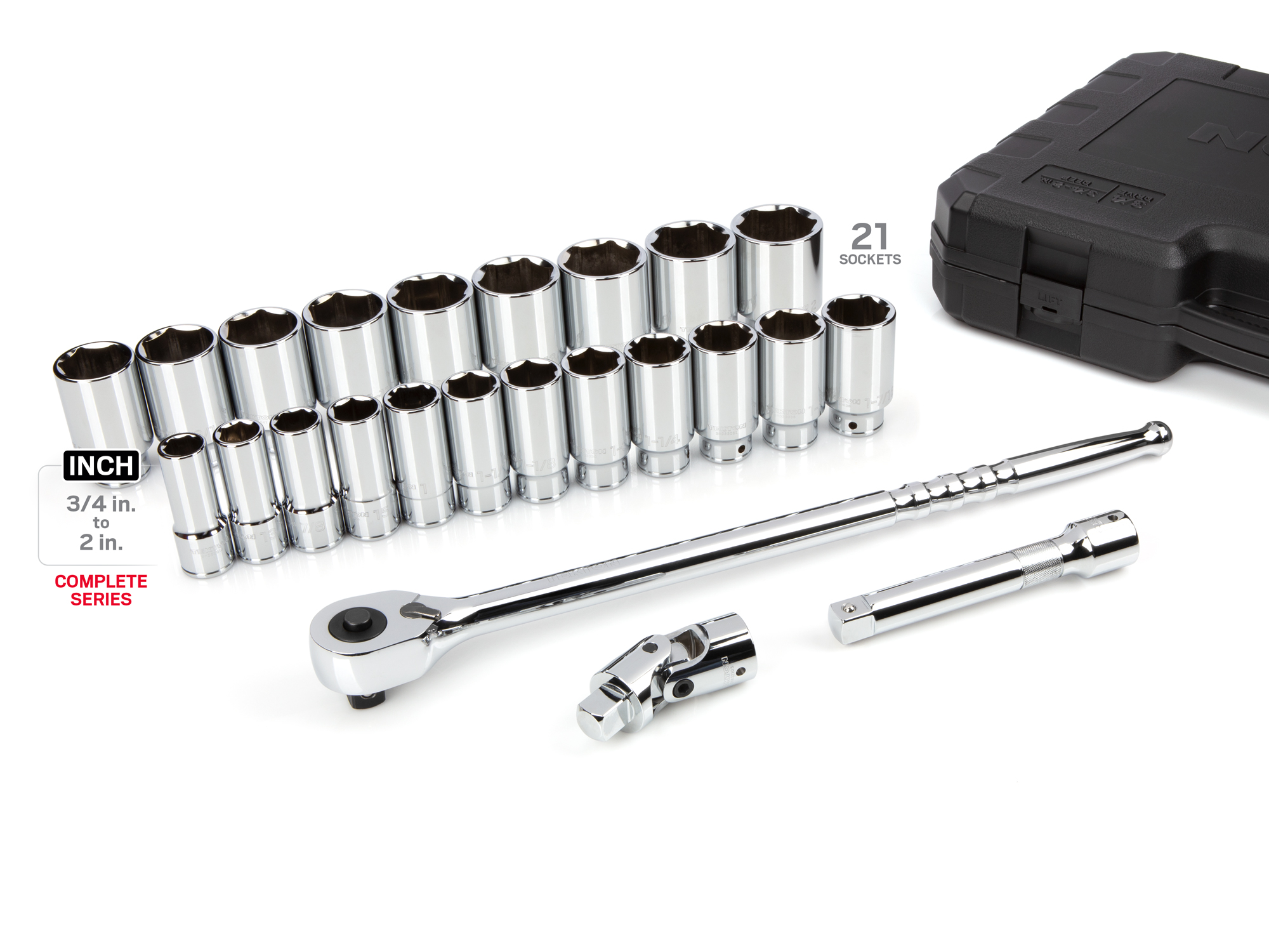 Includes: 3/4-2 inch (SAE) 6-point deep chrome sockets with large stamped markings for visibility, 72-tooth ratchet, extension, universal joint, and case. No skipped sizes. SKT35106.