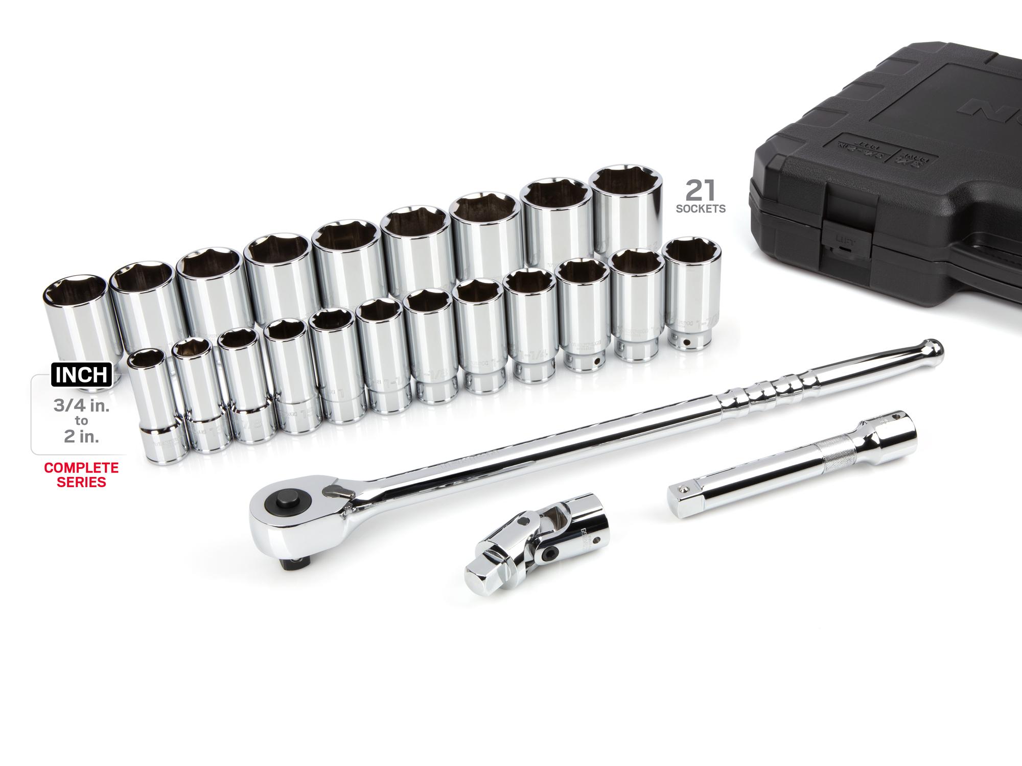 Laid out contents of Tekton case hand drive 6-point socket set. Item #SKT35106
