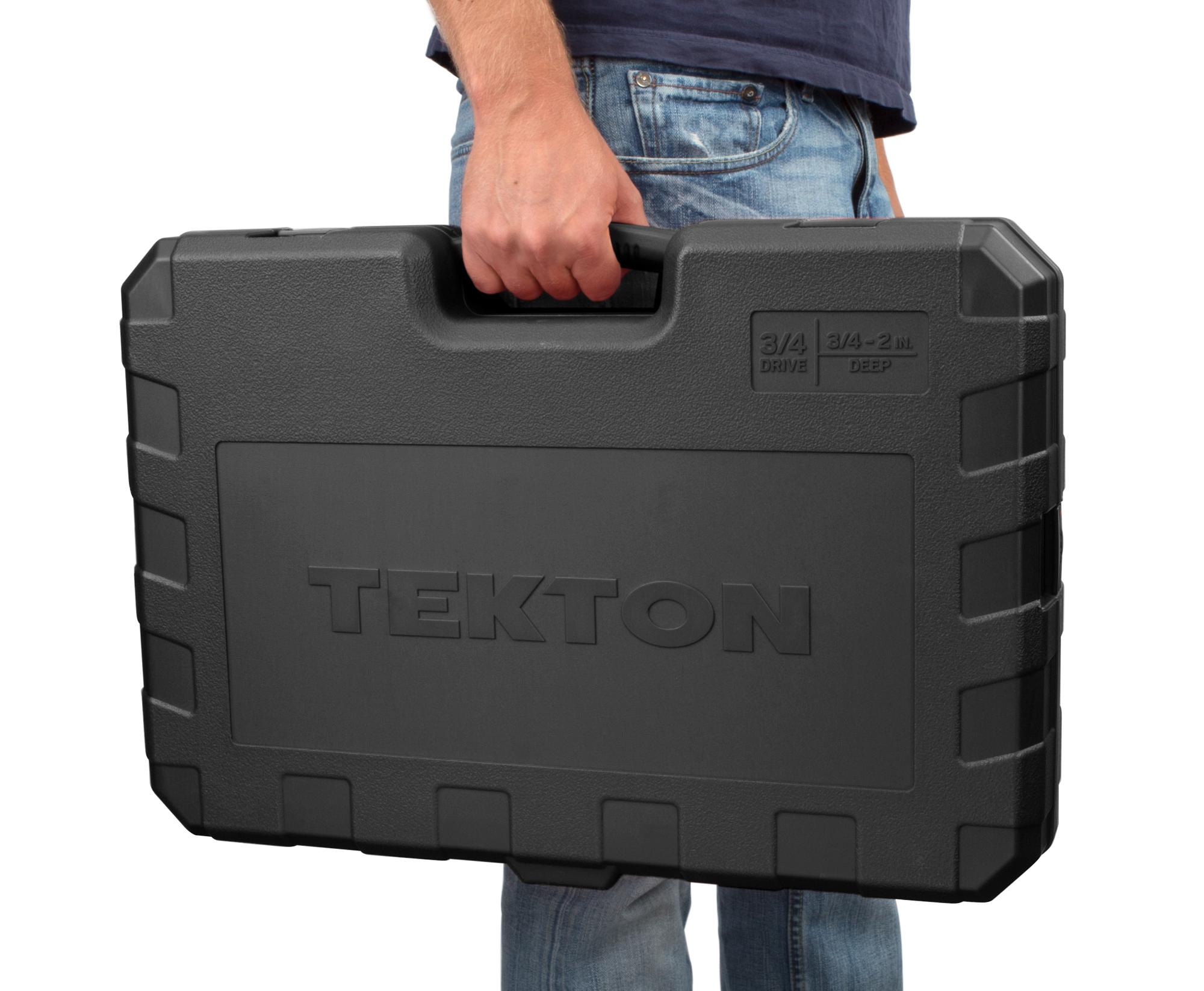Person holding Tekton case hand drive 6-point socket set. Item #SKT35106