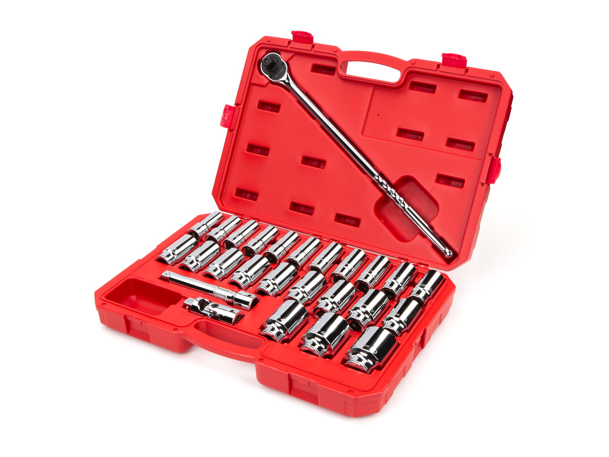 Front-right angle view of Tekton case hand drive 6-point socket set. Item #SKT35206