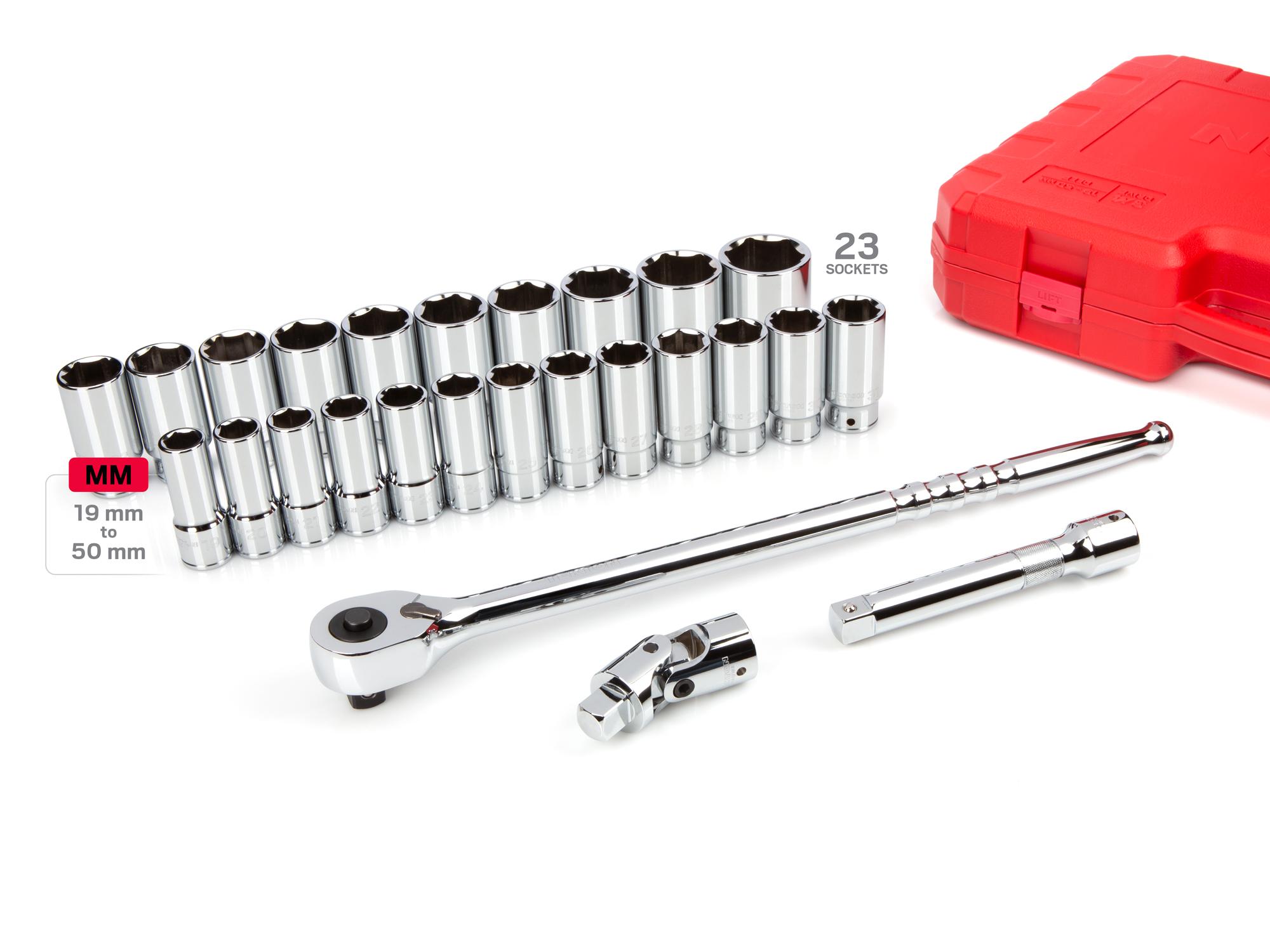 Laid out contents of Tekton case hand drive 6-point socket set. Item #SKT35206