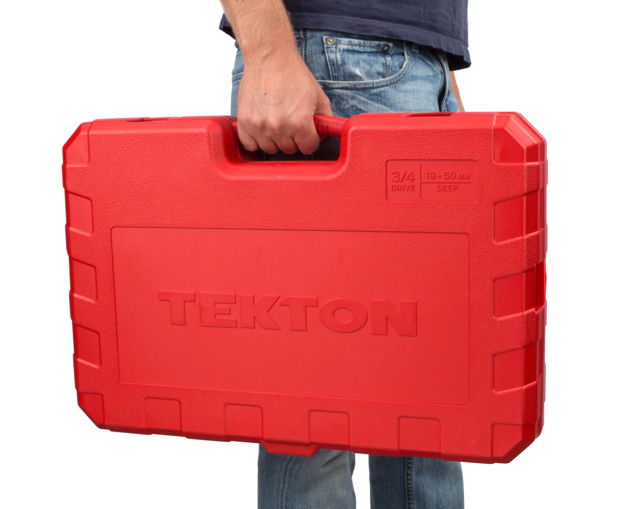 Person holding Tekton case hand drive 6-point socket set. Item #SKT35206