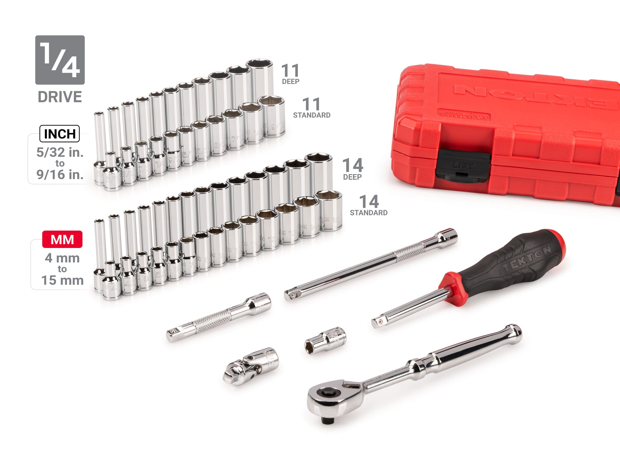 Includes 5/32 - 1-5/16 inch (SAE), 4 - 32 mm (Metric) standard and deep length sockets, a 90-tooth ratchets, extensions, u-joints, magentic hex bit holder and storage case. No skipped sizes. SKT95304.