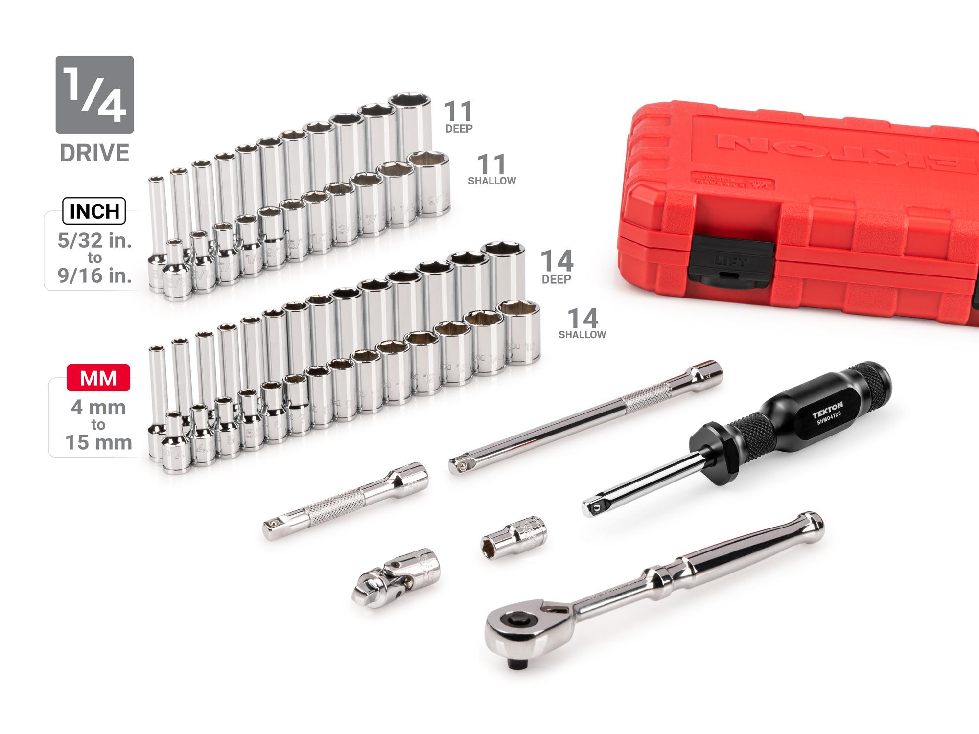 Laid out contents of Tekton case hand drive 6-point socket set. Item #SKT95304