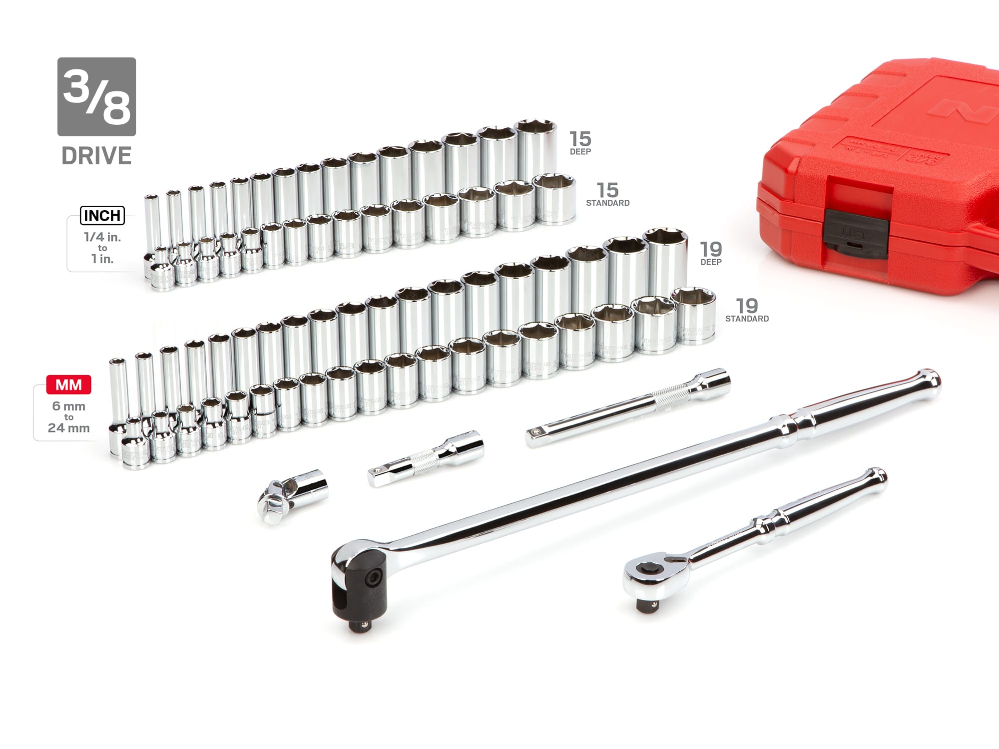 Includes 5/32 - 1-5/16 inch (SAE), 4 - 32 mm (Metric) standard and deep length sockets, a 90-tooth ratchets, extensions, u-joints, magentic hex bit holder and storage case. No skipped sizes. SKT95304.