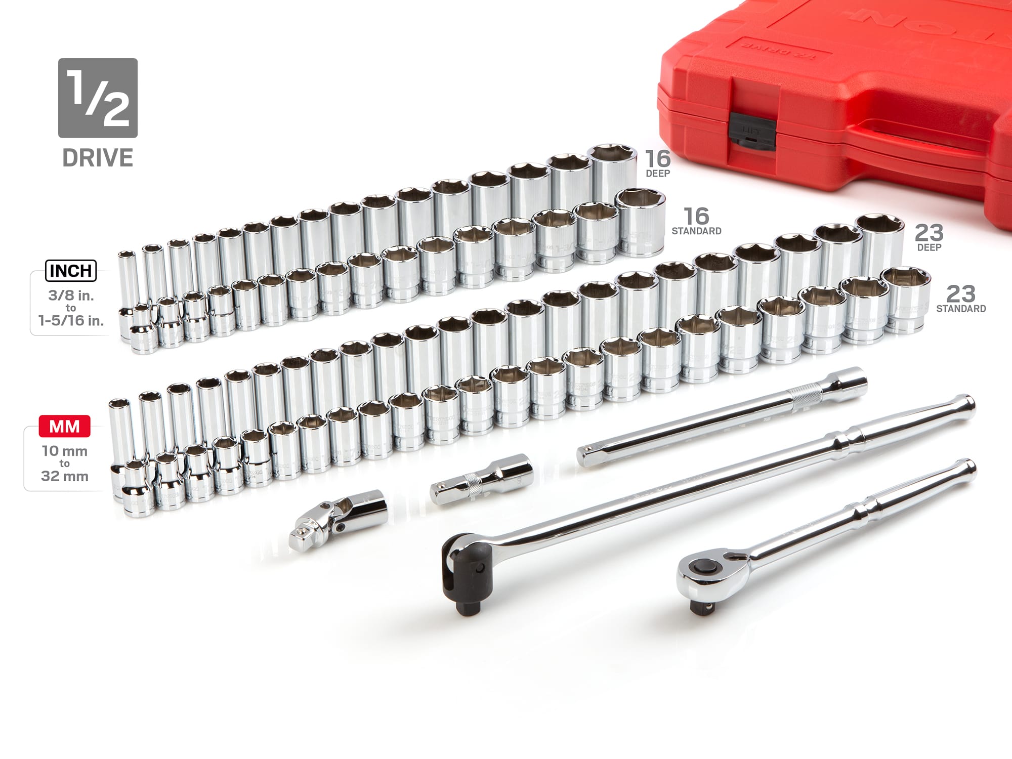 Includes 5/32 - 1-5/16 inch (SAE), 4 - 32 mm (Metric) standard and deep length sockets, a 90-tooth ratchets, extensions, u-joints, magentic hex bit holder and storage case. No skipped sizes. SKT95304.