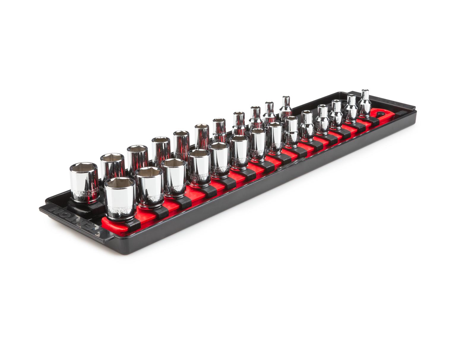 Front-right angle view of Tekton rail hand drive 6-point socket set. Item #X36