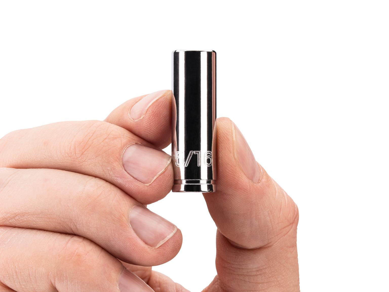 Person holding Tekton hand drive 6-point socket. Item #SHD04008