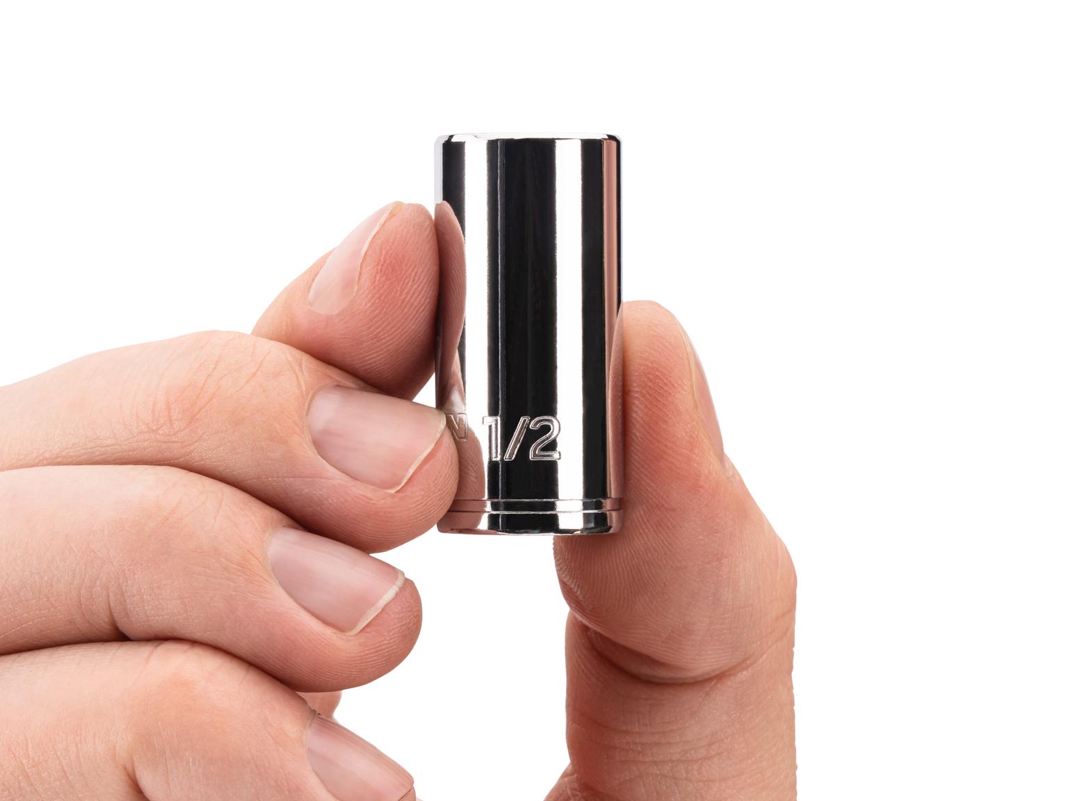 Person holding Tekton hand drive 6-point socket. Item #SHD04013