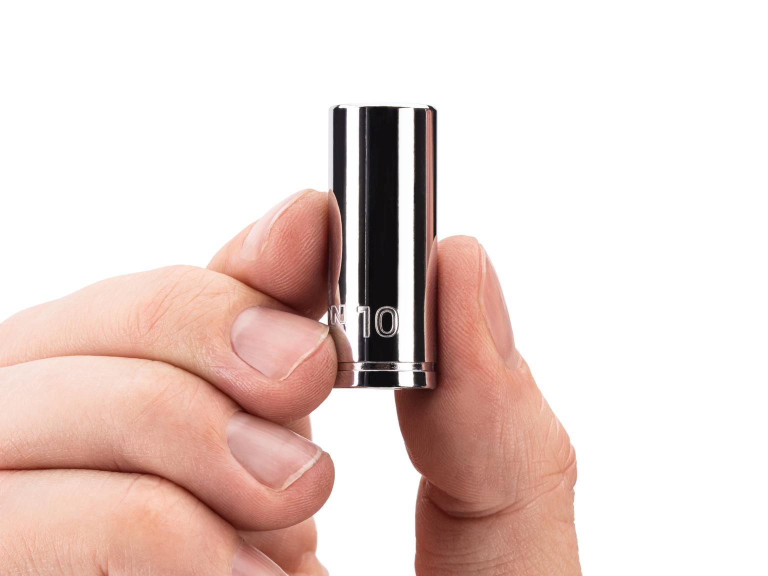 Person holding Tekton hand drive 6-point socket. Item #SHD04110