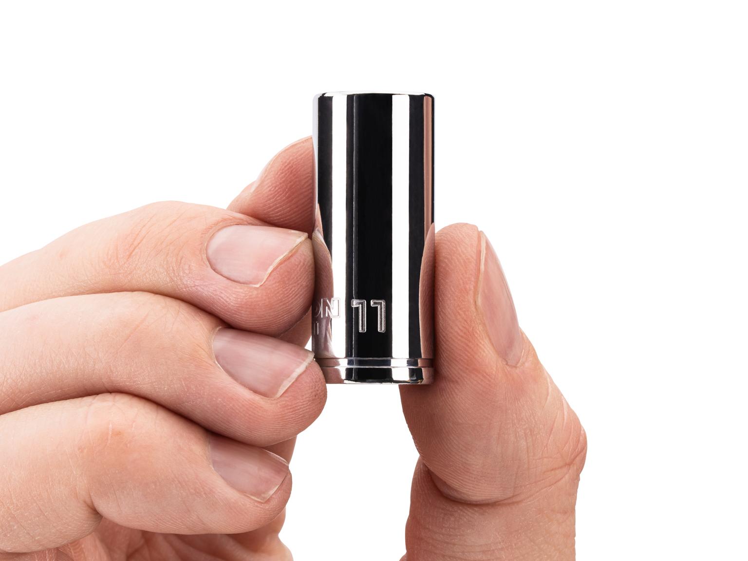 Person holding Tekton hand drive 6-point socket. Item #SHD04111