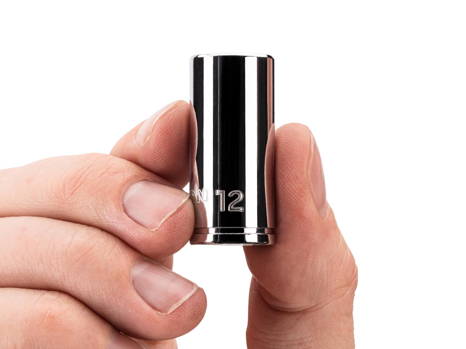 Person holding Tekton hand drive 6-point socket. Item #SHD04112