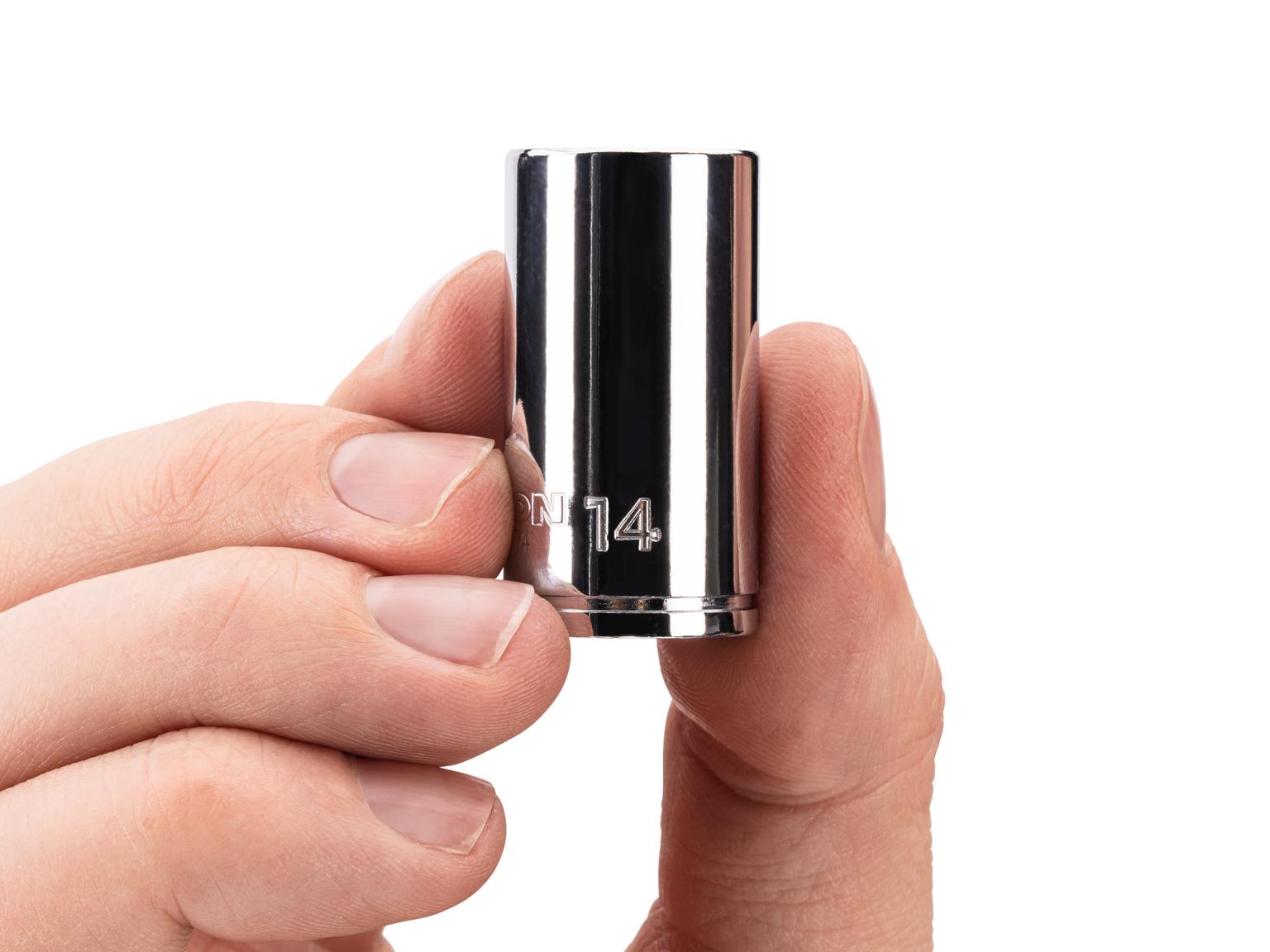 Person holding Tekton hand drive 6-point socket. Item #SHD04114